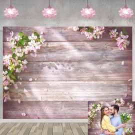 Floral Wooden Backdrop Green Leaf Pink flowers Photography Background Baby Shower Birthday Party Wedding Decorat Photo Props Banner (7x5FT)
