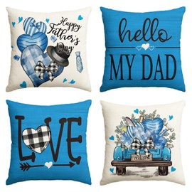 AVOIN colorlife Happy Father's Day Eucalyptus Leaves Throw Pillow Cover, 18 x 18 Inch Love My Dad Truck Buffalo Plaid Cushion Case Decoration Set of 4