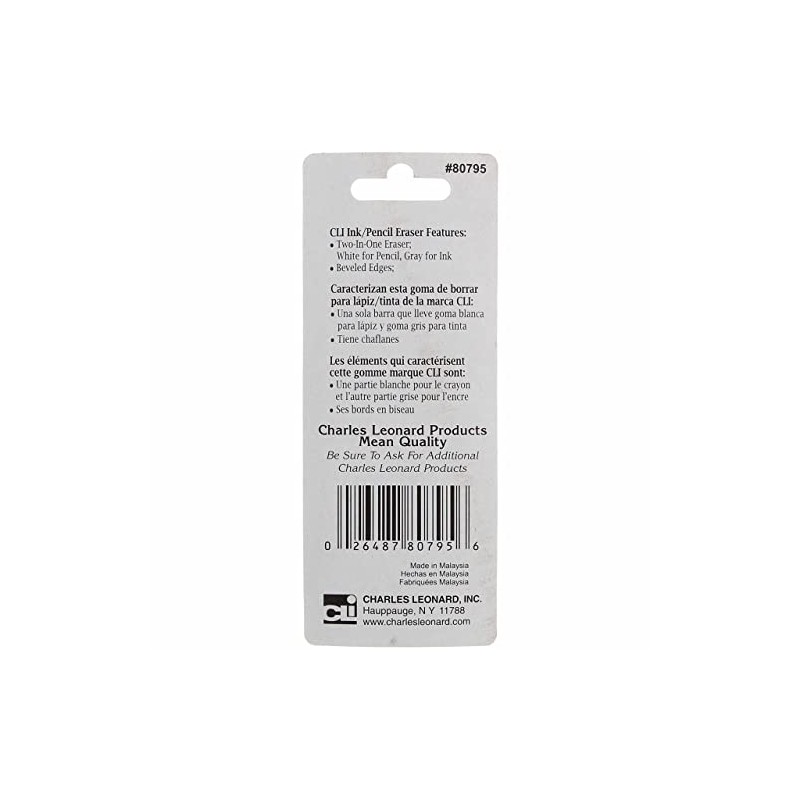 Charles Leonard 2 Sided Ink and Pencil Eraser, Gray/White (80795)