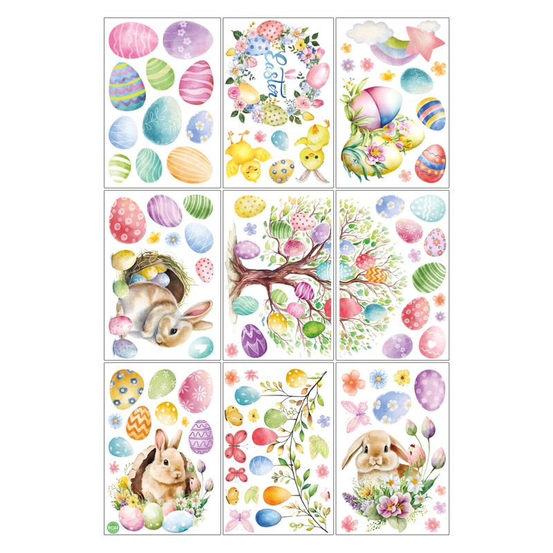 9 Sheets Easter Window Clings,Easter Bunny Eggs Window Stickers,Spring Window