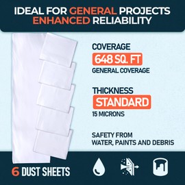 CS 6 Pack Extra Large Plastic Dust Sheets for Decorating 3.6 x 2.7m (12 x 9ft), Standard Dust Sheet for Painting & Furniture, Plastic Sheet-Plastic Sheeting-Decorating Tools-Decorating Sheets