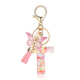 OKAICEN Fashion Alphabet Initial Letter Keychain Tassel Butterfly Pendant Key Ring for Purse Handbags Women Girl ('T')