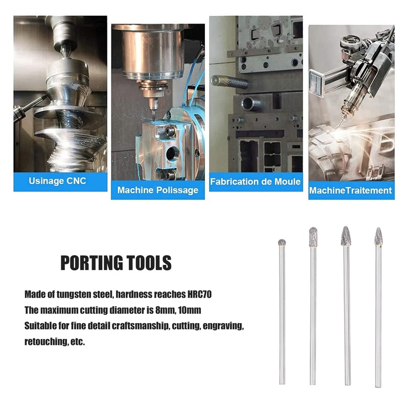 4Pcs Extended Carbide Rotating Burr Set 1/4in Shank Tungsten Steel