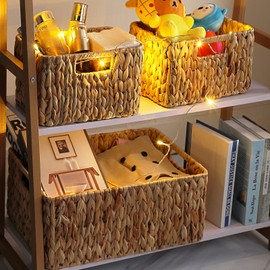 MORMAX Water Hyacinth Storage Baskets for Organizing, Wicker Baskets for Storage with Dual Carry Handles, Set of 3, Natural (Larger Basket: 16.9 x 12.2 x 7.5 IN)