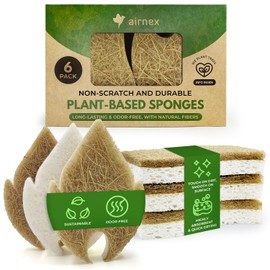 AIRNEX Natural Kitchen Sponges (6 Pack) - Biodegradable Cellulose & Coconut Scrubber Dish Sponge for Kitchen - Eco-Friendly, Non Scratch, Compostable, Non Toxic Leaf Shaped Natural Sponges for Dishes