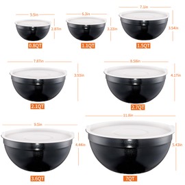 LKTDYMEG Black Mixing Bowls with Lids Set of 7, Stainless Steel Nesting Bowl with Khaki Lid for Non-slip Mixing Prepping Storing Serving, 7 Sizes-7/3.6/2.7/2.1/1.5/1/0.8 QT