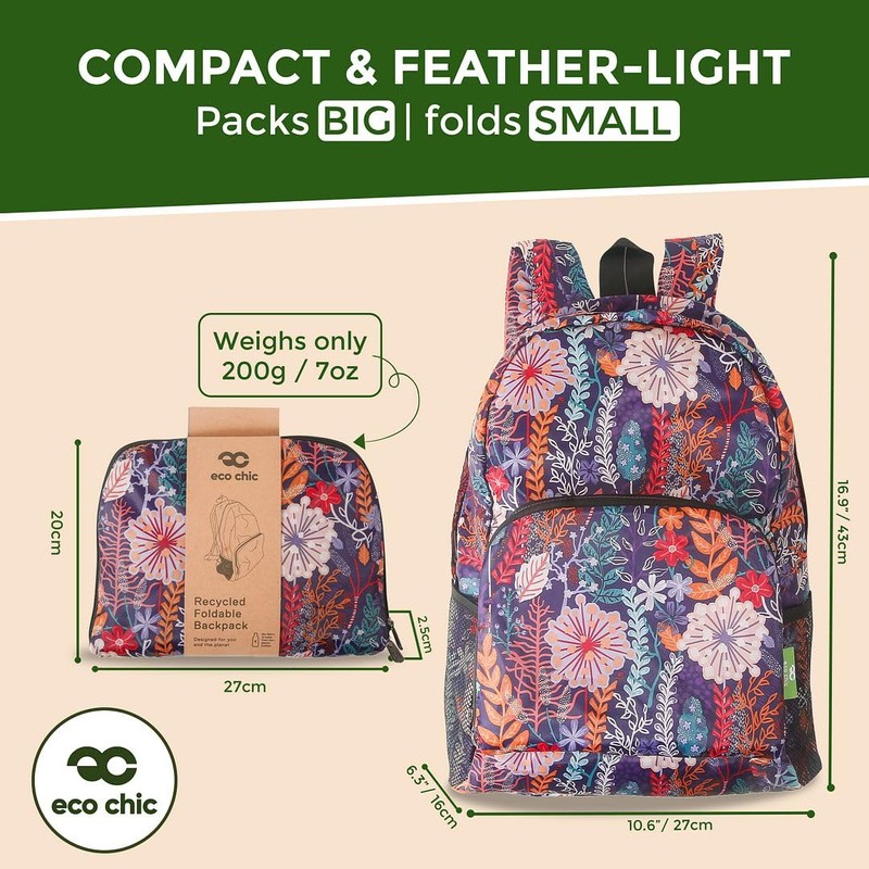 ECO CHIC Lightweight Foldable Water Resistant Backpack Rucksack Folds into