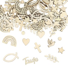 AstraGlam Wood Decoration Set For Baptism And Confirmation, 100 Pieces Including Fish, Bird, Cross And Dot Designs, Natural Materials For Special Occasions