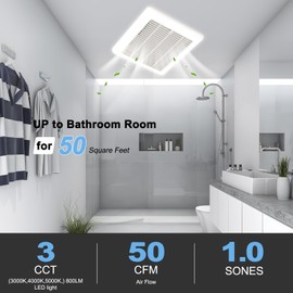 Tech Drive Bathroom Exhaust Fan with Light, 50 CFM,Super Quiet 1.0Sone Bathroom Fan with Light, 800lm 3CCT LED,3000K/4000K/5000K Selectable,Energy Star Certified, 3inch Duct, White