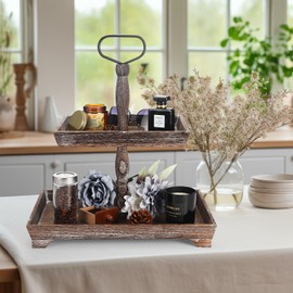 ASMPCUE 2 Tiered Tray Stand, Farmhouse Tiered Tray Stand with Metal Handle for Home Kitchen Decor, Wooden Rustic Two Tiered Square Serving Tray Coffee Table Tray for Decor, Tray ONLY(Rustic Wood)