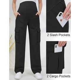 GLAMIX Women's Maternity Cargo Pants with Four Pockets Over The Belly Scrub Pants Pregnancy Clothes(Black, M)