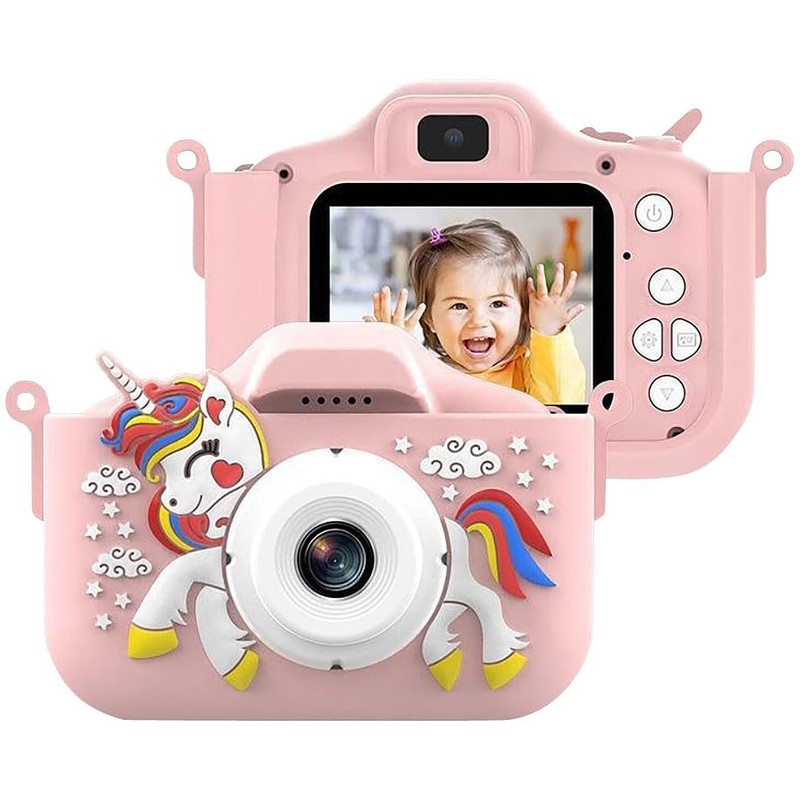 Playtastic Selfie-Kinderkamera, 2''-IPS-Display, 1080p, USB-C, rosa Einhorn-Hülle