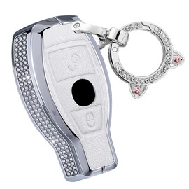 SANRILY Bling Key Fob Cover Compatible with Benz G Class W463 GLK A B S M AMG Class 2 Button for Mercedes Key Fob Case with Bling Keychain White