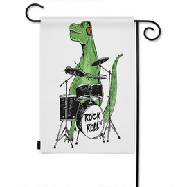 Moslion Dinosaur Garden Flag Cute Animal Music Rock N Roll Star Dinosaur Playing Drum Set Flags Double-Sided Banner Welcome Yard Flag Outdoor Home Decor. Lawn Villa 12x18 Inch Green