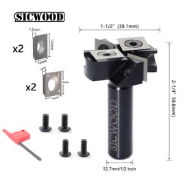 Slab Flattening Router Bits 1/2 Shank, 1-1/2”Cut Dia, 2+2 Insert Carbide, CNC Spoilboard Surfacing Router Bits, Planing Router Bits, for Flycutter/ Slab Leveler/ Rabbeting by SICWOOD