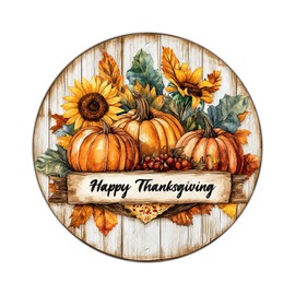 KIYOYO Rustic Round Happy Thanksgiving Sign Pumpkins Wreath Metal Tin Sign Autumn Pumpkins Vintage Funny Hanging Hearthside Holiday Decor 8x8 Inch