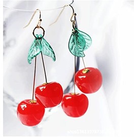 Pingyongchang Cherry Cute Earrings for Women Red Funny Drop Dangle Earring Gold Plated Resin Green Leaf Tassel Valentine's Day Mother's Day Gift