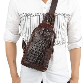 Hebetag Crocodile Genuine Leather Sling Bag Backpack for Men Travel Outdoor Hunting Hiking Camping Crossbody Shoulder Chest Pack Daypack Coffee