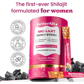 BetterAlt SHE-Lajit Strawberry Honeysticks|Shilajit for Women with Shatavari & Saffron for hormonal Balance & Energy Boost|Tasty Shilajit Honeysticks with Goodness of Pure Himalayan Shilajit|30 Sticks
