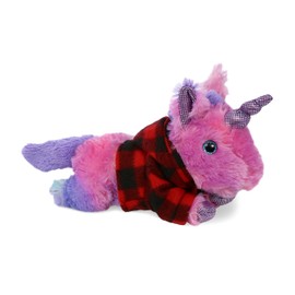 DolliBu Monday Pink Unicorn Stuffed Animal with Plaid Red Hoodie Sweater and Personalization - Cute Plush Lumberjack Stuffed Toy with Plaid Jacket Dress Up for Christmas, Holiday, Winter - 10.5 Inches