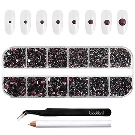 Beadsland Diamantes de imitación para maquillaje, 8 tamaños, 2500 unidades de diamantes de imitación con parte trasera plana color burdeos, gemas faci