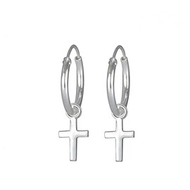 Small Sterling Silver Hoop Earrings with Dangling Cross