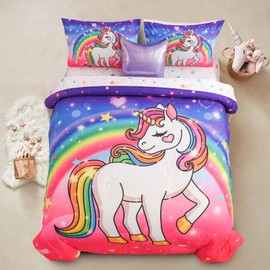 Aimuan Girls Unicorn Comforter Set 6 Pieces Pink Purple Bedding Set with Rainbow Star Galaxy Stars Fantasy Children Room Decor Soft Reversible Bed Sets for Boys/Girls/Teens (Pink-Purple Full6Pcs)