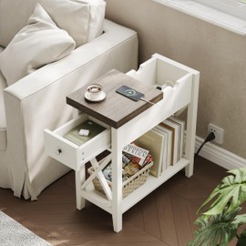 ChooChoo Farmhouse End Table with Charging Station, Accent Small Side Table Nightstand for Living Room, Bedroom, and Small Spaces - Soft White