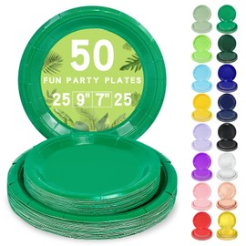 LANLISA 50 Pcs Green Paper Plates Disposable, 25-9" & 25-7" Disposable Birthday Cake Dessert Plates For St Patricks Day, Christmas Holiday Party Supplies