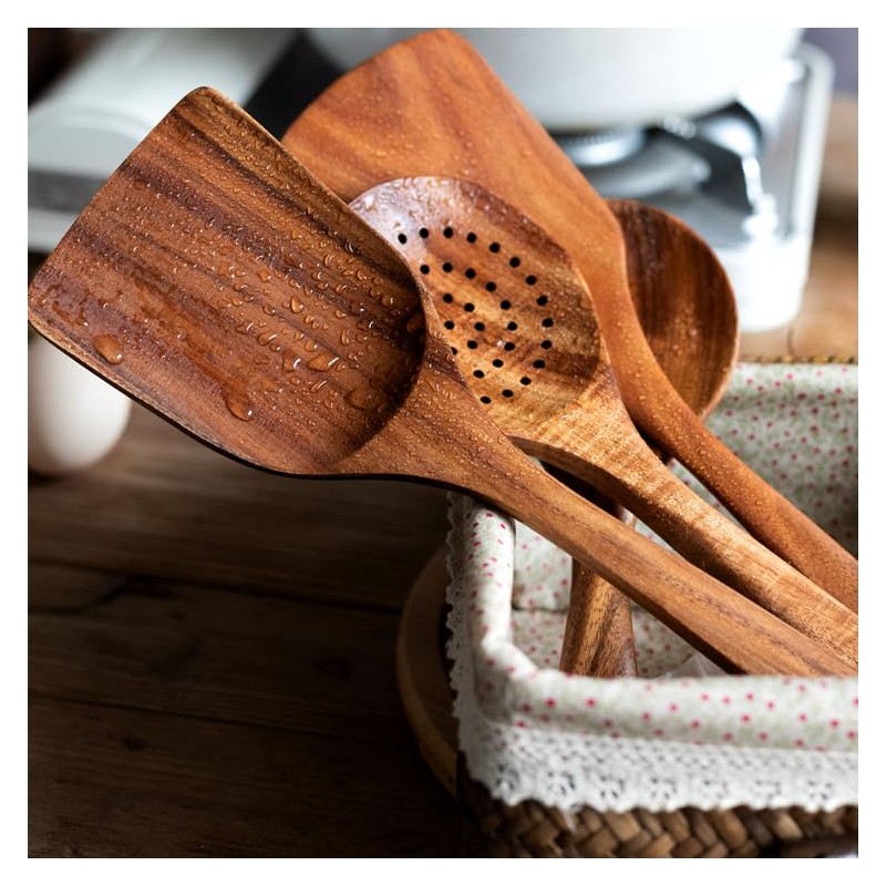 Natural Teak Wood Cooking Utensils, Wooden Spatula Set with Paddle,
