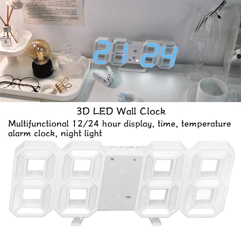 BuyWeek 3D LED Wall Clock, White Frame, Digital Alarm Clock,
