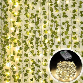 Guirnalda de Luces de Hiedra | 10M/32.8FT Plantas Artificiales Luces Navideñas con 100 Luces de Cadena LED | Hoja Verde Artificial Guirnalda | Ideal para Fiesta, Boda | Funciona con Pilas 3 AA(sin)