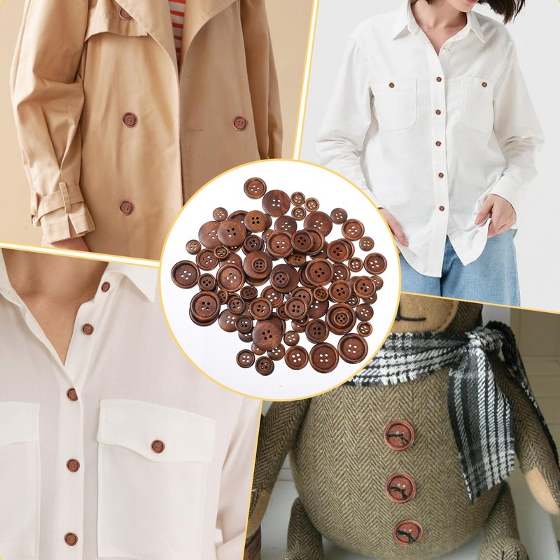 100 Pcs Wooden Buttons 4 Hole Round Buttons Bulk Brown
