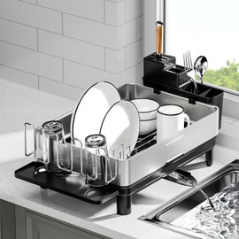 Ewaiira Dish Drying Rack, Stainless Steel Dish Rack for Kitchen Counter, Dish Drainer with Automatic Drainage, Utensil Holder & Cups Holder, Space Saving Kitchen Organizer, Black