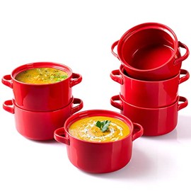 Delling 6 Pack Ceramic Soup Bowls with Handles, 24 Oz Large Serving Soup Bowl Set, Ceramic Soup Crocks for French Onion Soup, Cereal, Chilli, Stew, Microwave and Oven Safe, Red
