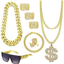 Hip Hop Costume Kit 8 Pieces Rapper Accessories, 80s 90s Outfit Men's Hip Hop Accessories with Sunglasses Gold Chain Dollar Necklace Ring Bracelet, Costume for Carnival Theme Parties Cosplay