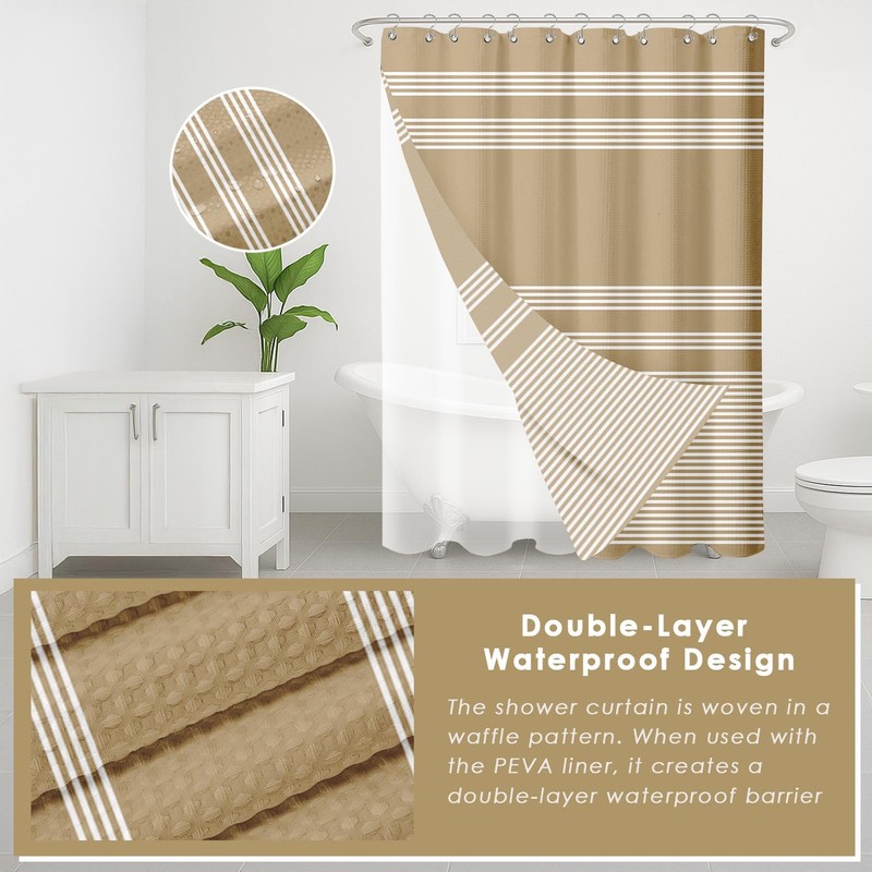 Britimes Beige Stripes Bathroom Sets with Shower Curtain and Rugs,