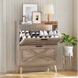 Homleke 32" W Farmhouse Shoe Storage Cabinet with 2 Flip Drawers and Barn Door Design, Adjustable Shelves, Modern Hidden Slim Narrow Shoe Rack Cabinet for Entryway, Foyer, Hallway, Living Room, Greige