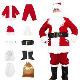 EOZY Luxury Christmas Santa Costume - Vintage Red Plush Santa Suit Set with Gift Bag (Red+White, Medium)