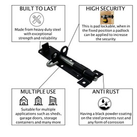 Lockable Sliding Bolt | Brenton Pad Bolt | 150mm / 6 Inch | Black Powder Coating | Pack of 1