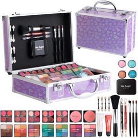 Hot Sugar Makeup Kit for Teenager Girls - Full Starter Cosmetics Set with Eye Shadow Lip Balm Blush Lip Gloss Brush Lip Pencil Eye Pencil and Mirror (Purple Love)