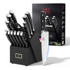 WANGMAZI 15 Pcs Knife Block Set, Knife Sets for Kitchen with Block, High Carbon Stainless Steel Sharp Knife Set, Dishwasher Safe Kitchen Knife Set, Chef Knives Set for Kitchen Cooking, Black Pro