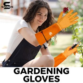 SAWANS Leather Gardening Gloves for Men/Women Long Forearm Protection Thorn Proof Breathable Rose Pruning Garden Safety Work Gloves Multi-Purpose Thick Palm Gauntlet (Yellow, S (Pack of 1))