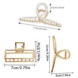 Pack of 3 Large Hair Clips for Women Hair Clip Non-Slip Gold Metal with Beads Hair Clips Women's Fashionable Hair Styling Accessories for Women and Girls