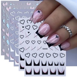 Heart Nail Stickers for Nail Art Valentine's Day Heart Nail Art Sticker 6PCS Black White Blue Empty Heart French Tip Valentine Nail Adhesive Decals Nail Art Supplies for Women DIY Nail Art Decorations