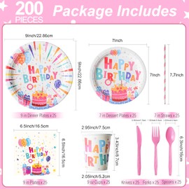 200 Pcs Confetti Birthday Party Tableware Set, Party Table Colorful Decorations Supplies Include 7 Inch and 9 Inch Paper Plates, Napkins Cups and Forks Spoons for 25 Guests