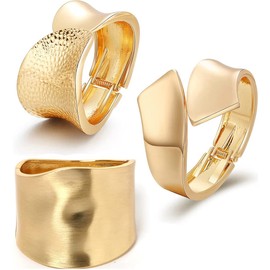 SAMOCO 3Pcs 18K Gold Plating Bangles Bracelets for Women Chunky Polished-Finish Wrist Cuff Wrap Hinge Twist Bangle Opening Wide-Grooved Wire Statement Fashion Jewelry Bracelet for Women