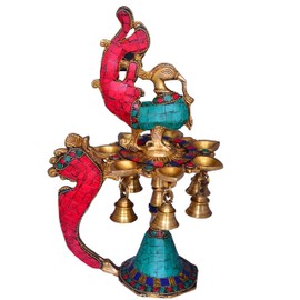 Purpledip Brass Deepak/Diya Kuthu Vilakku: Peacock Design with Magnificent Gemstones; Indian Religious Gift (11315)