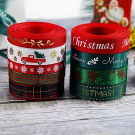 9 Rolls 45 Yards Christmas Ribbons Metallic Buffalo Printed Grosgrain Satin Ribbons 3/8″ Wide DIY Craft Fabric for Holiday Wedding Anniversary Decorations Gift Wrapping (Christmas-9 Roll)