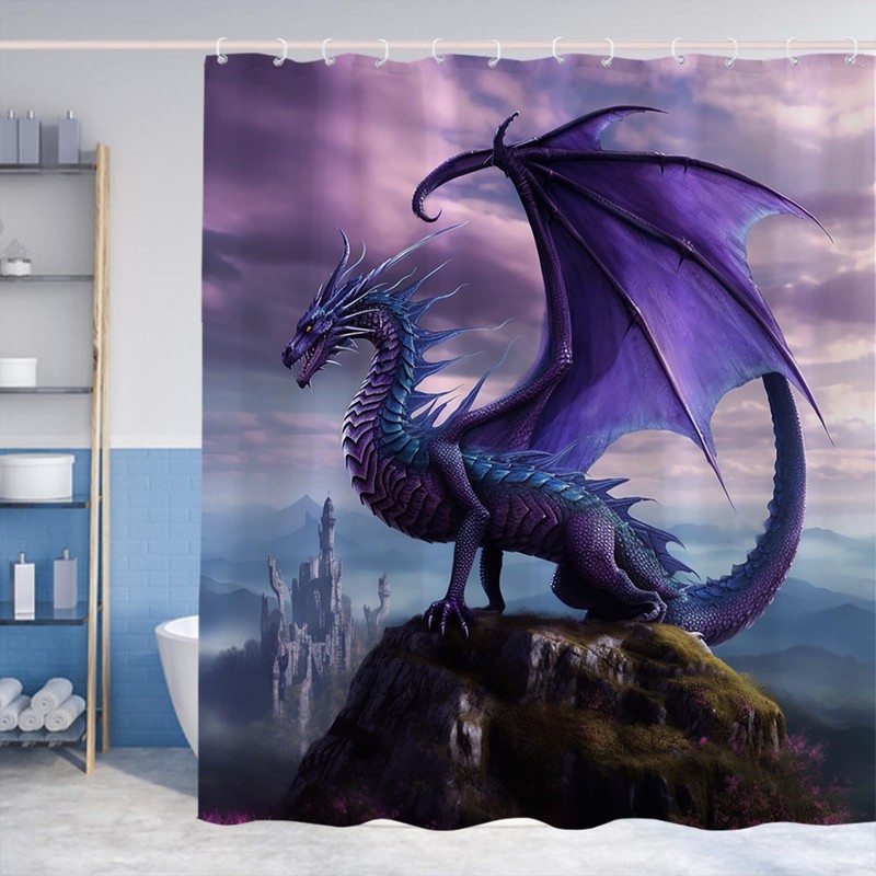 Purple Dragon Shower Curtain Rustic Nature Mountain Theme Fabric Bathroom